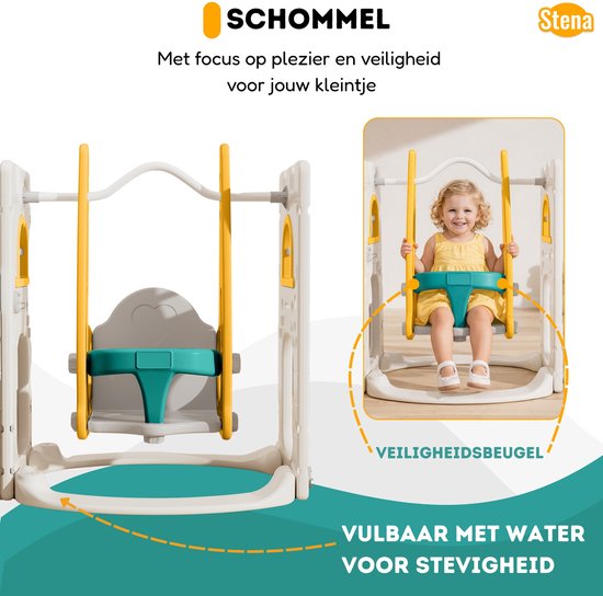 Een schommel met geel frame en groene zitting, met een kleine zittende peuter.