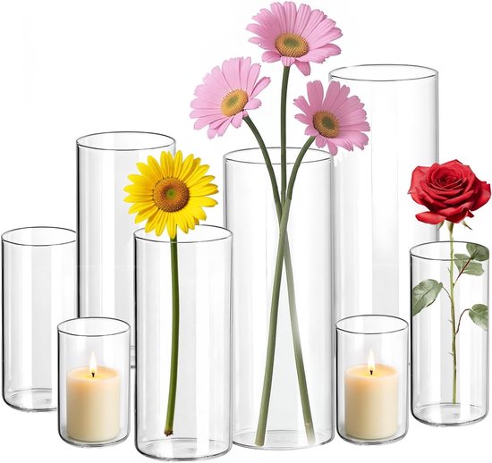Famanu – Glazen vaas - set van 8 stuks - kaarsglazen - glazen vazen voor tafeldecoratie - vaas - grote mini - vazen - tulpenvaas - glazen cilinder voor kaarsen - thuis - bruiloft - tafelopzetstukken - feest