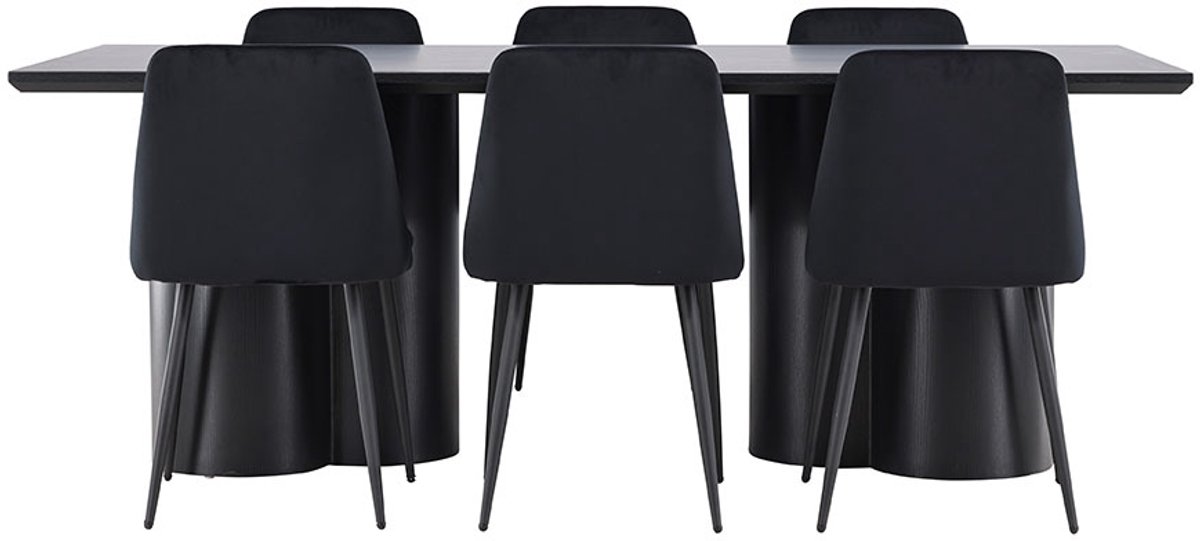 Olivia eethoek tafel 100x210cm en 6 velours stoelen zwart.