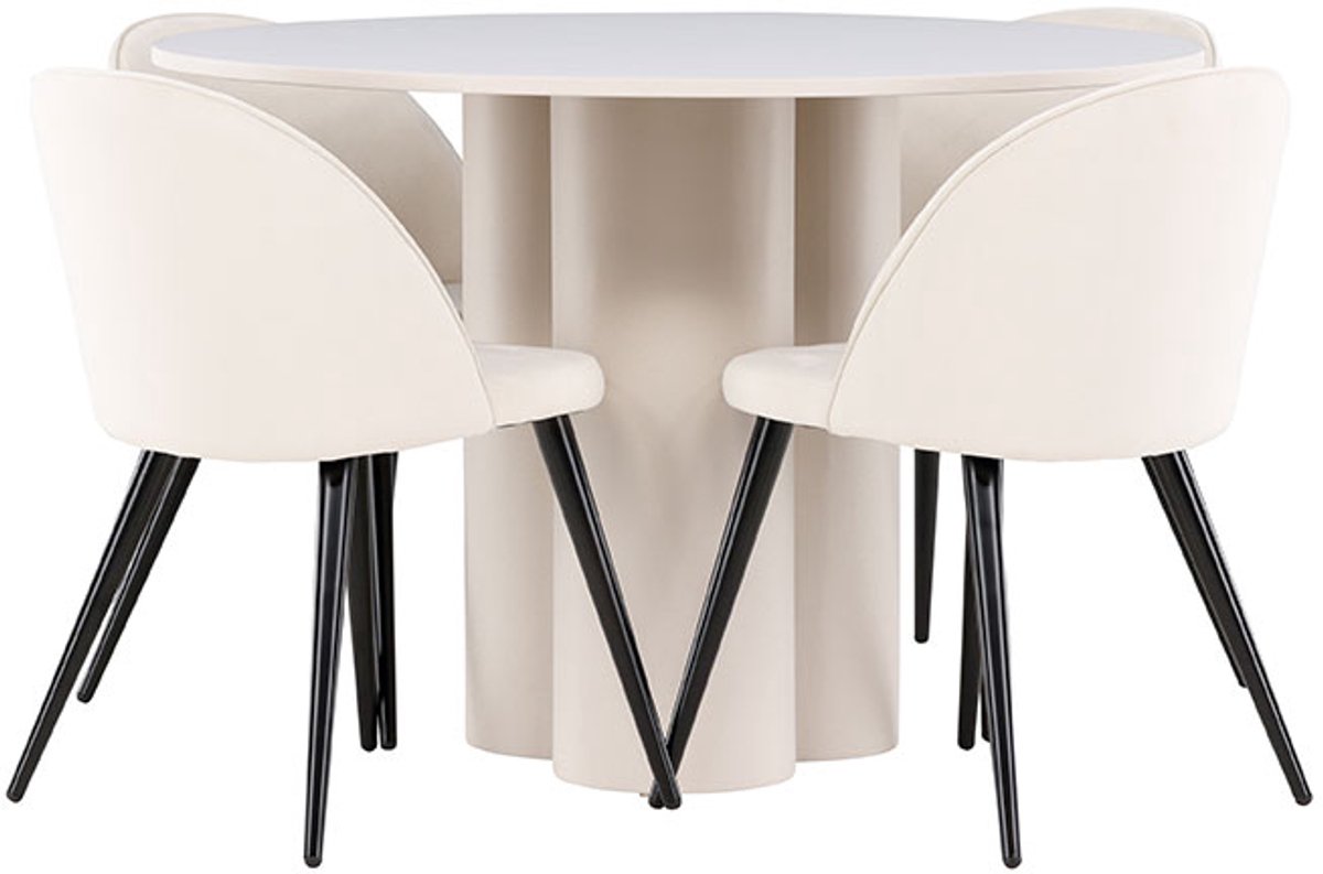 Olivia eethoek tafel Ø110cm en 4 velours stoelen beige.