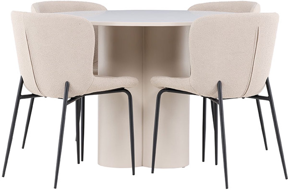 Olivia eethoek tafel Ø110cm en 4 bouclé stoelen beige.
