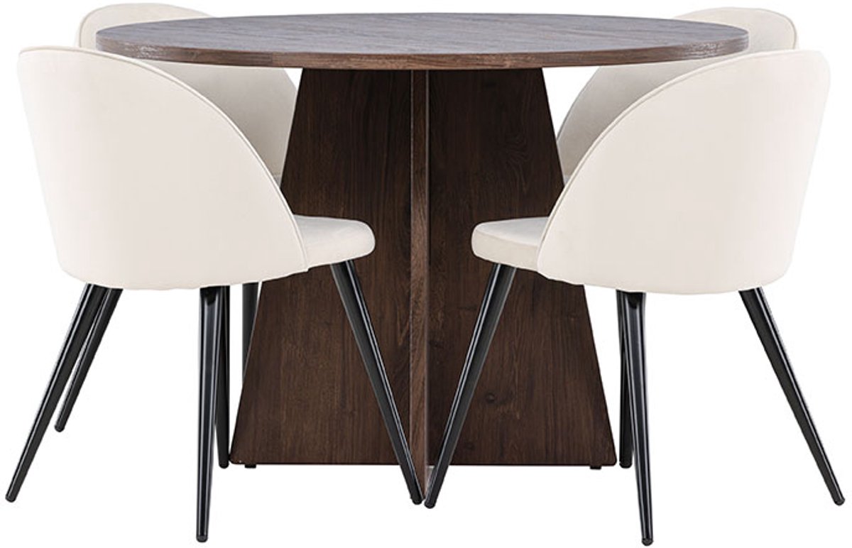 Bootcut eethoek tafel Ø110cm en 4 velours stoelen mocca.