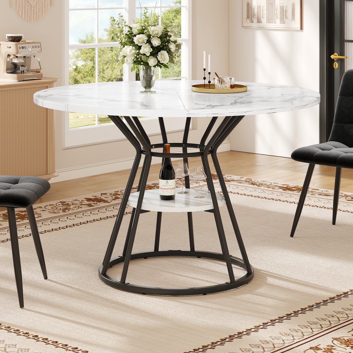 OKWISH Eettafel Rond - Marmerlook Tafelblad - Met Opbergplank - Verstelbare Poten - MDF Metaal Zwart - Diameter 100 cm Hoogte 76 cm