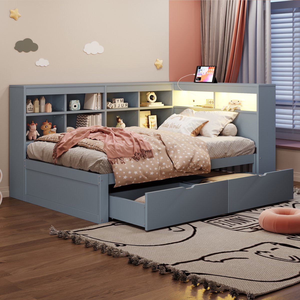 REDOM Bedbank – 90x200 cm – Met USB, LED, lades & opbergvakken – Massief grenenhout – Grijs