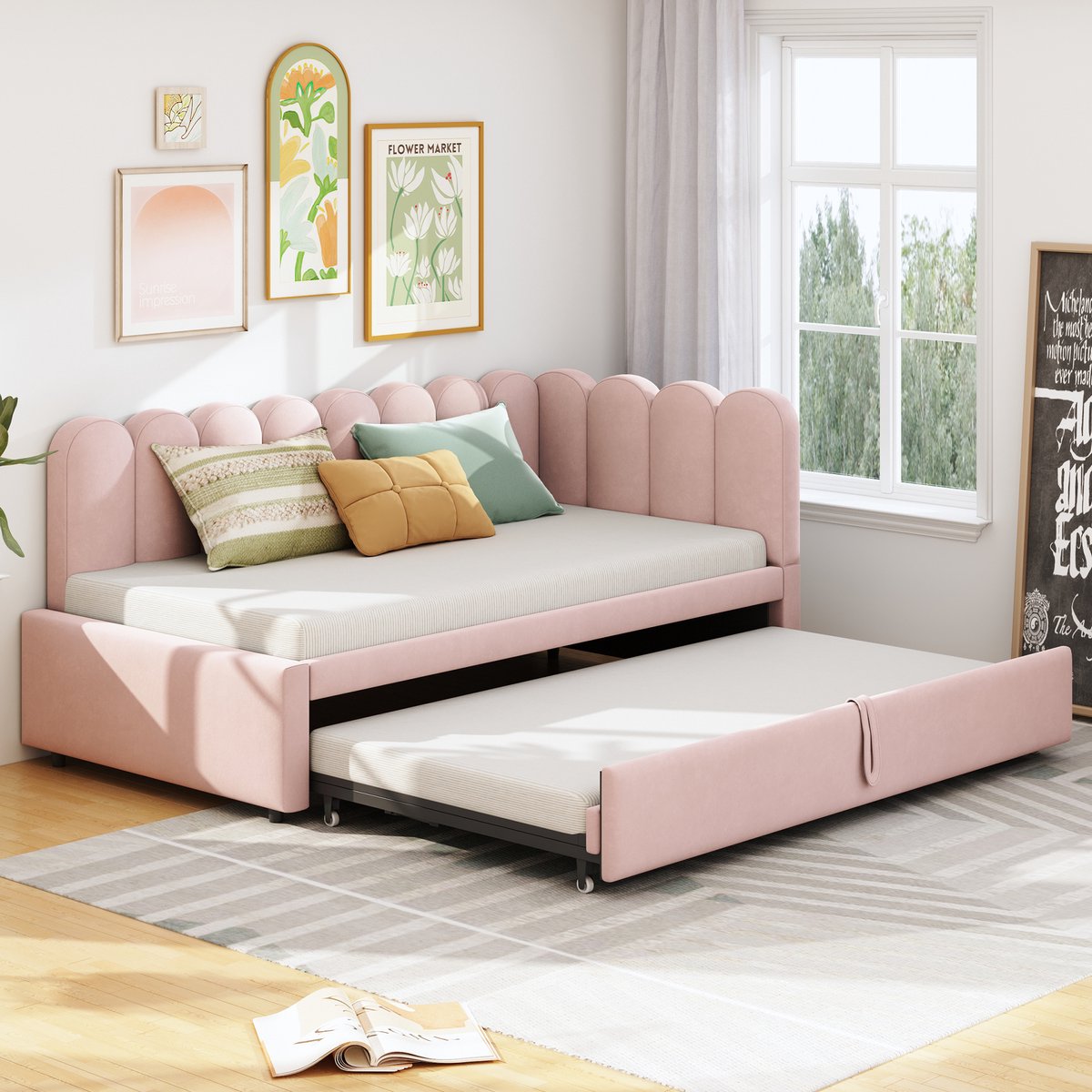 REDOM Slaapbank 90x200 cm – Fluweel, L-vormig, uitschuifbaar naar 180x200 cm – Roze