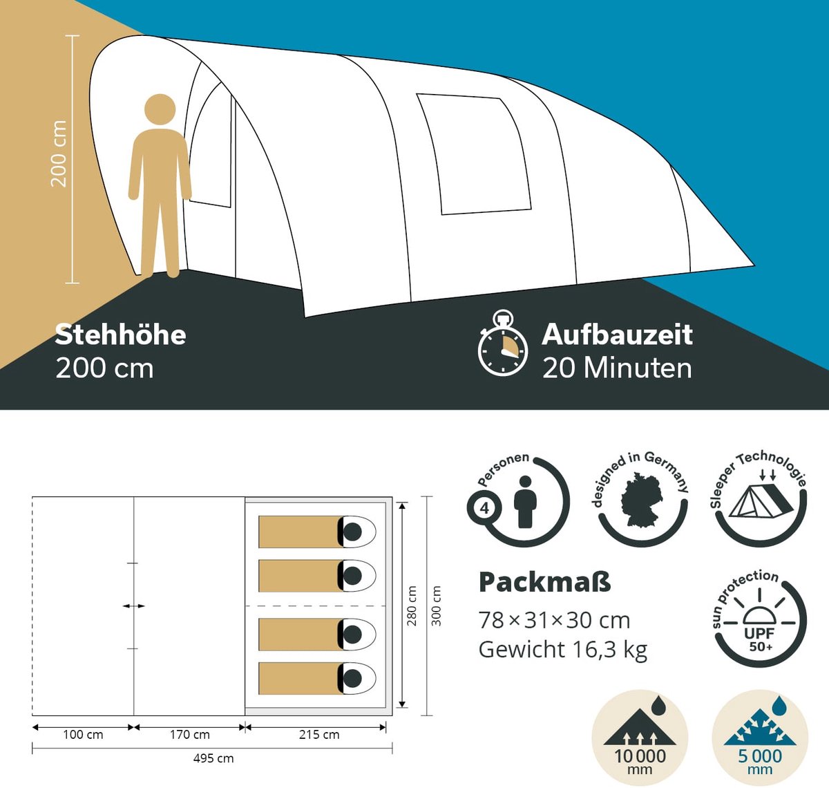 Skandika tunneltent Hafslo 4 Sleeper Protect - Tent voor camping, 4 personen, waterdicht, met ingenaaide tentvloer, 5000 mm waterkolom, voortent en donkere slaapcabine | Tent, familietent – foto 3