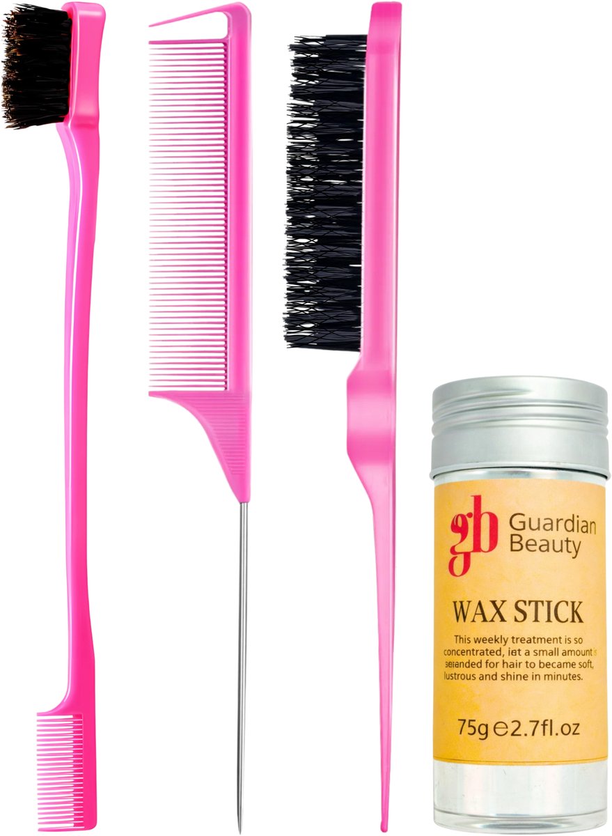 Guardian Beauty Edge Control Borstel en Kamset - 3-delig - Roze - Met Waxstick - Haarstylingtools