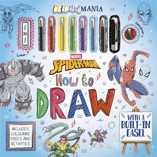 Boek 'Spider-Man: How to Draw' van Colour Mania met Spiderman, Rhino, Dr. Octopus, Green Goblin, potloden, gum en puntenslijper.
