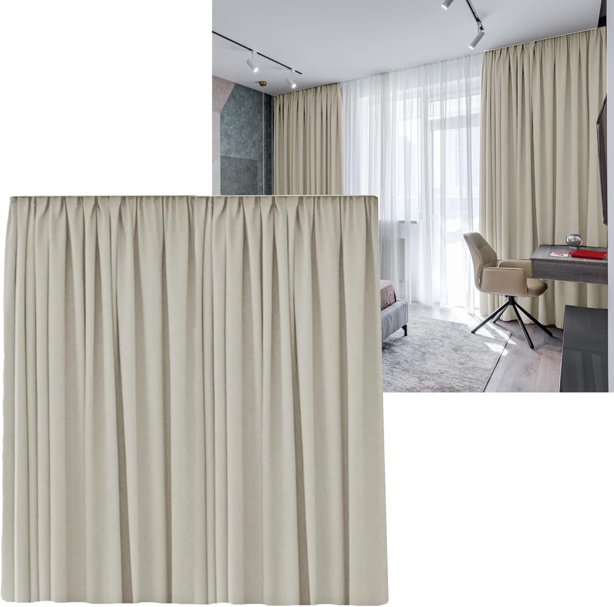 Famanu Gordijnen 300 cm B x 245 cm H Gordijn Verduisteringsgordijn Ruches Tape Ondoorzichtig Verdunkelend Thermisch Warmte - isolerend Woonkamer (Crème Ruches Tape) crème plooiband