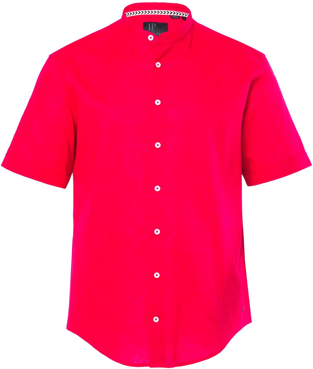 JP 1880 - Heren - Overhemd halflange mouwen linnenmix opstaande kraag modern fit - Rood - Maat L
