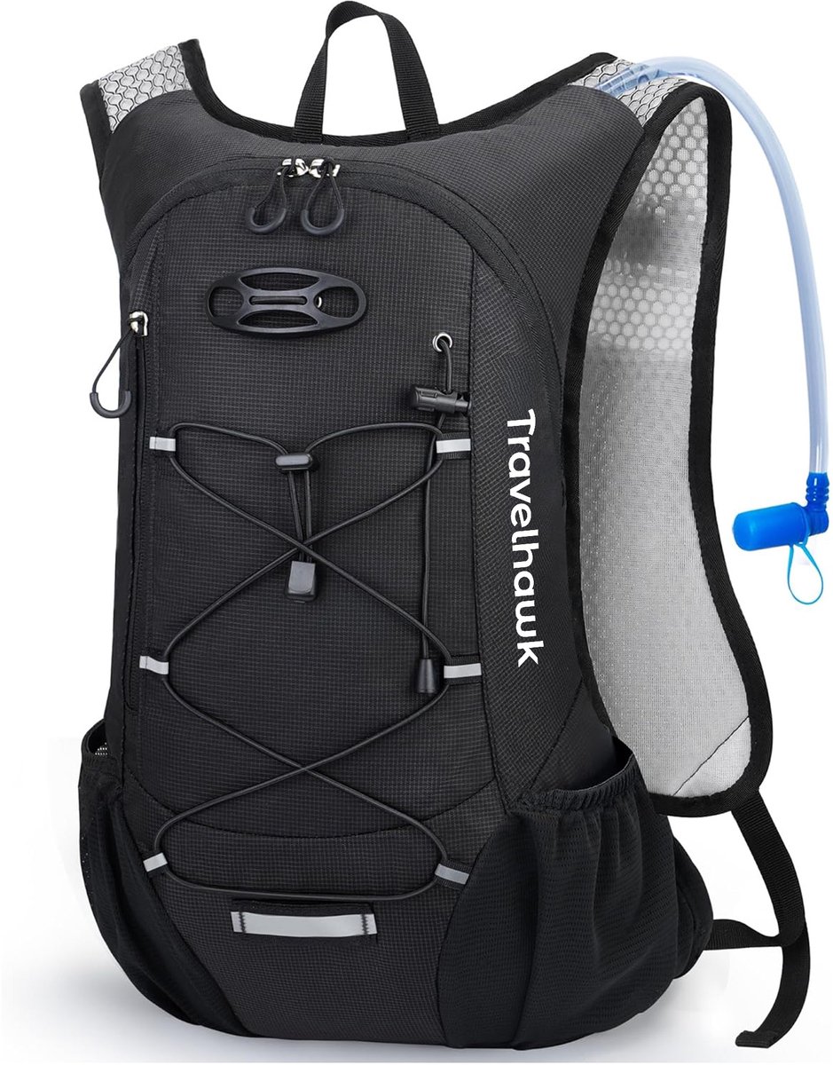 Travelhawk Drinkrugzak - Hardloop Rugzak - Geschikt Voor 2L Waterzak - Waterafstotend, Lichtgewicht, Reflecterend - 12L - Zwart