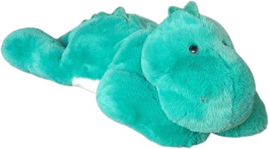 Turquoise dinosaurus, grijze wolf en bruine beer knuffels op witte achtergrond.
