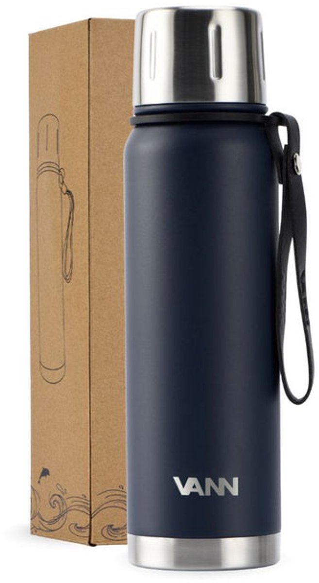 VANN® 3-wandige RVS thermosbeker 500ml - Luxe thermos voor Koffie & Thee - Thermosfles 24 uur koud en 12 uur warm - 100% Plasticvrij - Donkerblauw