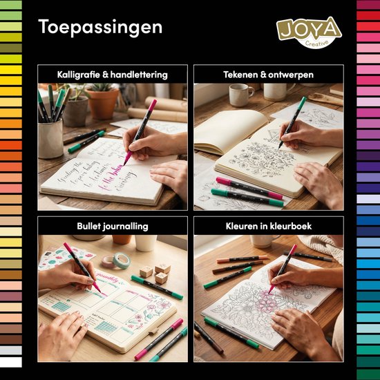 Vier afbeeldingen: handen kalligraferen met roze pen, tekenen met groene pen, bullet journal maken met rode pen, inkleuren met bruine pen.
