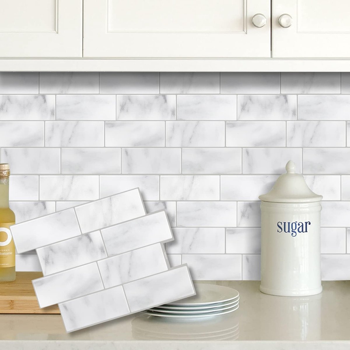 Zelfklevende Tegelstickers Set van 10 - 29x21 cm - Wit Marmer Design - 3D Peel & Stick Achterwand - Waterdicht voor Keuken & Badkamer - Premium PET