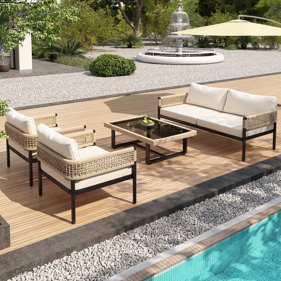 STILVORA Tuin Loungeset 4 Delig 113 x 71 x 63 cm - Verstelbare Poten En Glazen Tafelblad - Voor Tuin Balkon En Terras - IJzer Beige