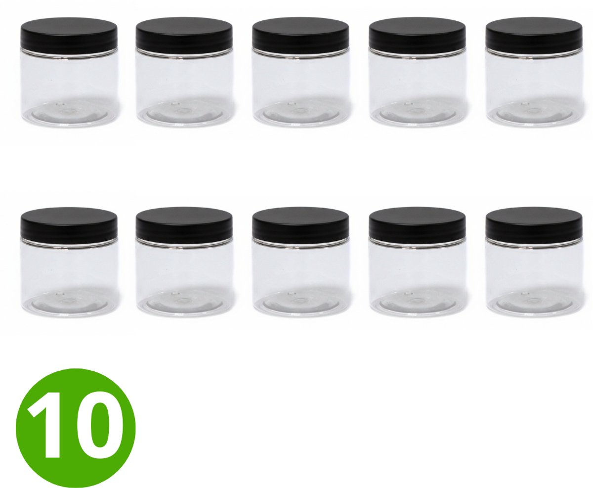 10x Plastic Pot 200ml met Schroefdeksel - Zwarte Dop - Transparant Glashelder Clear cylinder - ALPHA - Plastic Potjes met Deksel - Cosmetica - Voorraadpot - Opbergpot - Bewaarpot - Voedselveilig - Navulbaar - PET Kunststof - Multifunctioneel