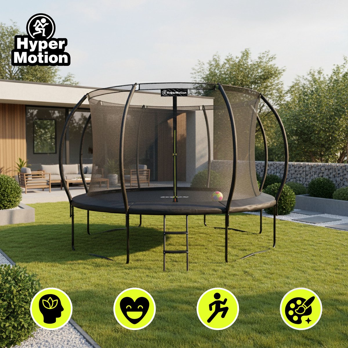 HyperMotion Kindertuintrampoline 3+, trampoline met ladder en binnennet voor huis en tuin, kinderspeelplaats, kindertrampoline, dubbele poten, 366 cm, 12 ft — afbeelding 16