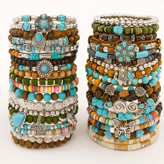 Set de 40 bracelets de perles pour hommes et femmes – multicolores – différents modèles avec détails en métal – unisexe