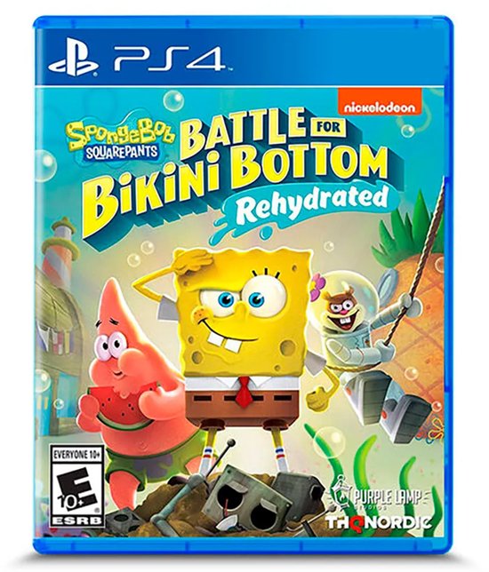 PlayStation 4 gamehoes 'SpongeBob Battle for Bikini Bottom Rehydrated' met SpongeBob, Patrick en Sandy.