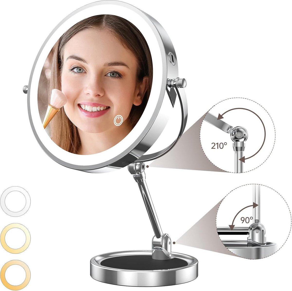 Grote 9 inch make-upspiegel met 10X/1X vergroting en instelbare LED-verlichting