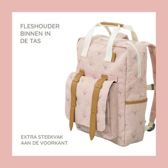 Roze rugzak met 'dandelion' print. Tekst: 'Fleshouder binnen in de tas' en 'Extra steekvak aan de voorkant'.