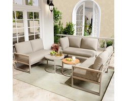 OKWISH Tuin Loungeset 6 Tot 7 Personen 4 Delig Met Hoekbank En 2 Salontafels Met Verstelbare Poten Metaal Polyester Beige