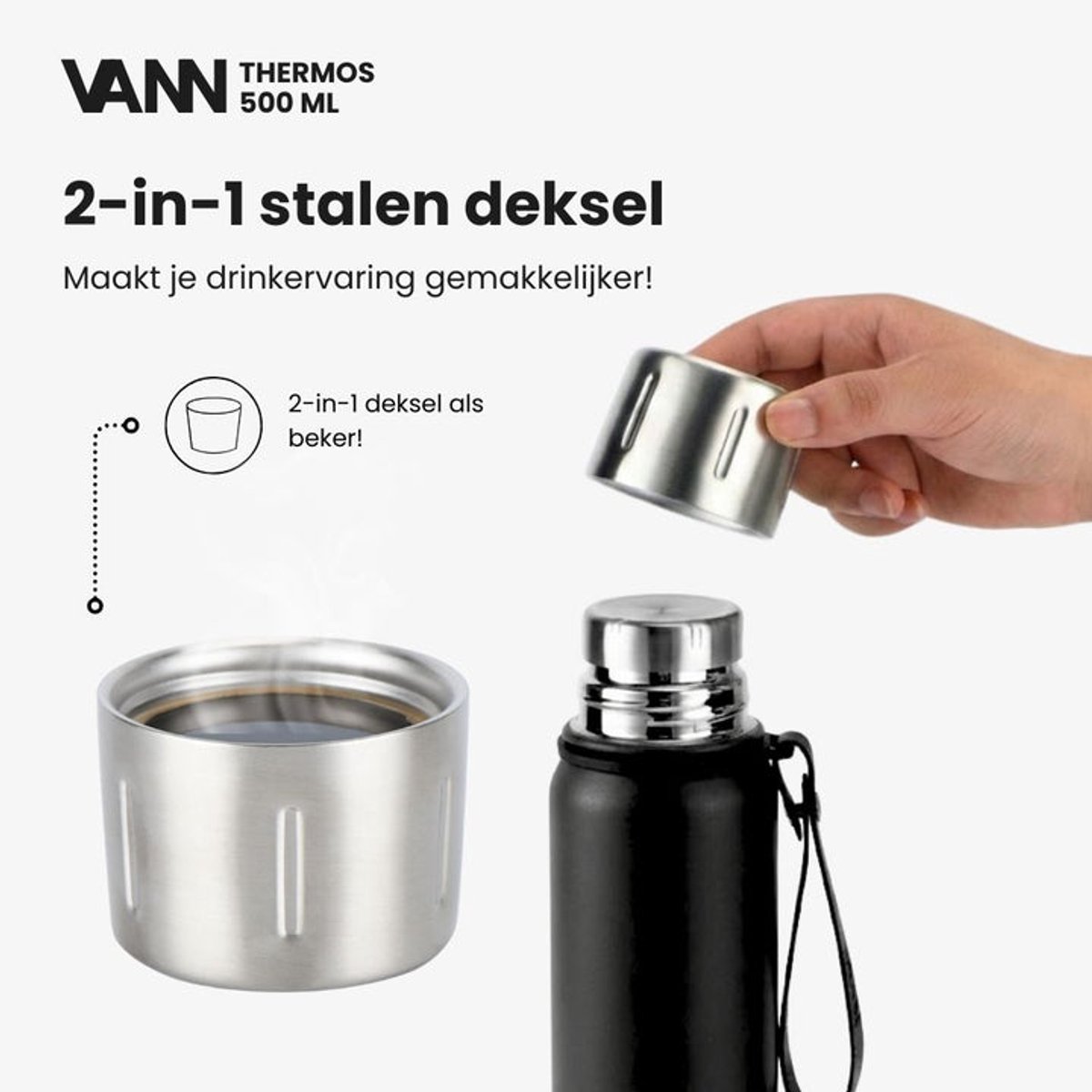 VANN® Kleine Thermoskan 500 ML – 3-Wandige RVS Thermosfles voor Koffie & Thee – 2-in-1 Dop als Beker – 100% Plasticvrij – Zwart – VANN Ritual Thermos® — cadeau in Koken & Dineren - foto 6
