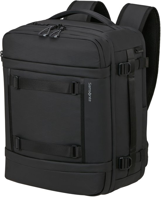 Zwarte Samsonite rugzak met een rechthoekig ontwerp en grijze ritsen. Verticale banden aan de voorzijde.