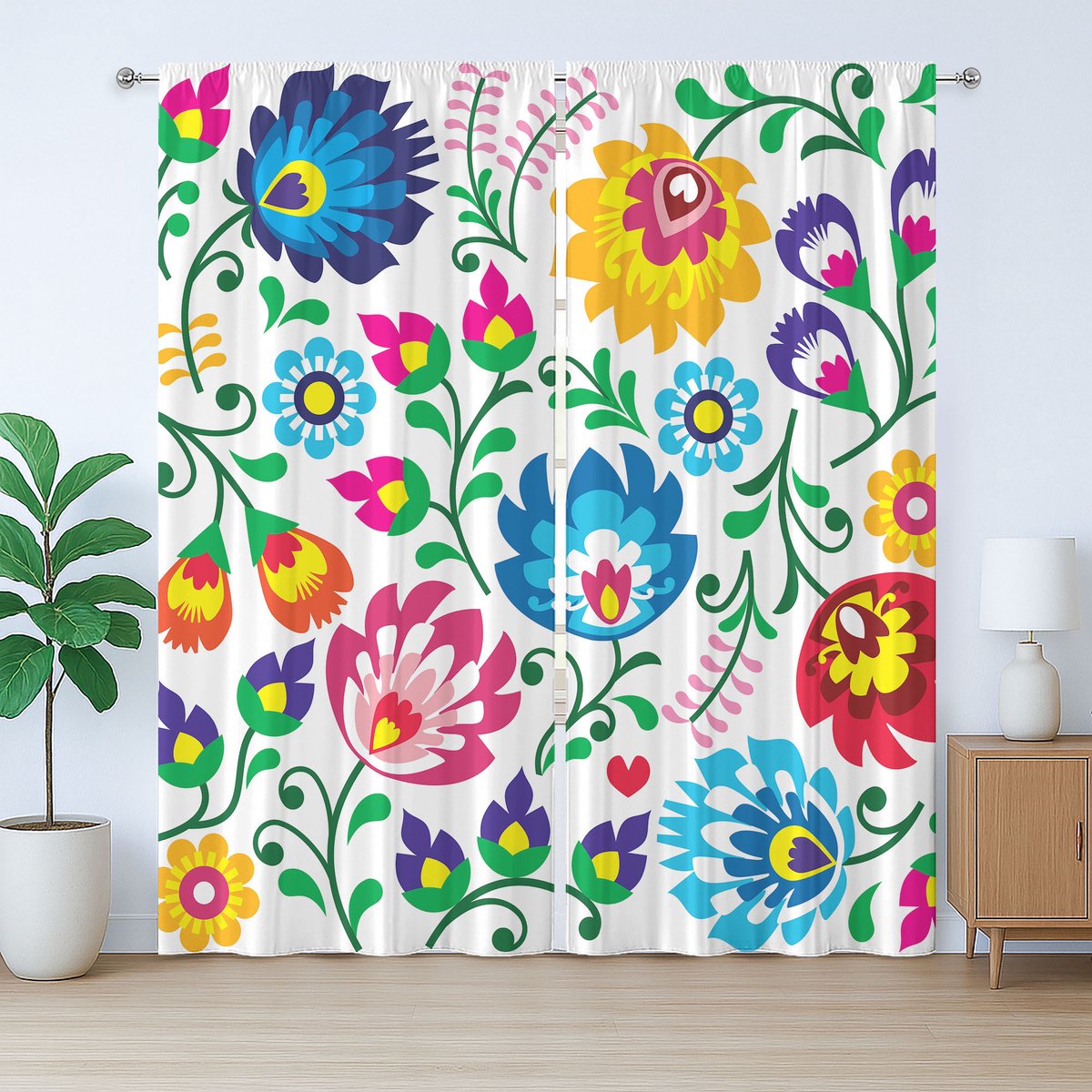 ABAKUHAUS Poolse volkskunst, rustiek gordijn, Europees, met lussen en haken voor de woonkamer, 280 x 260 cm, veelkleurig