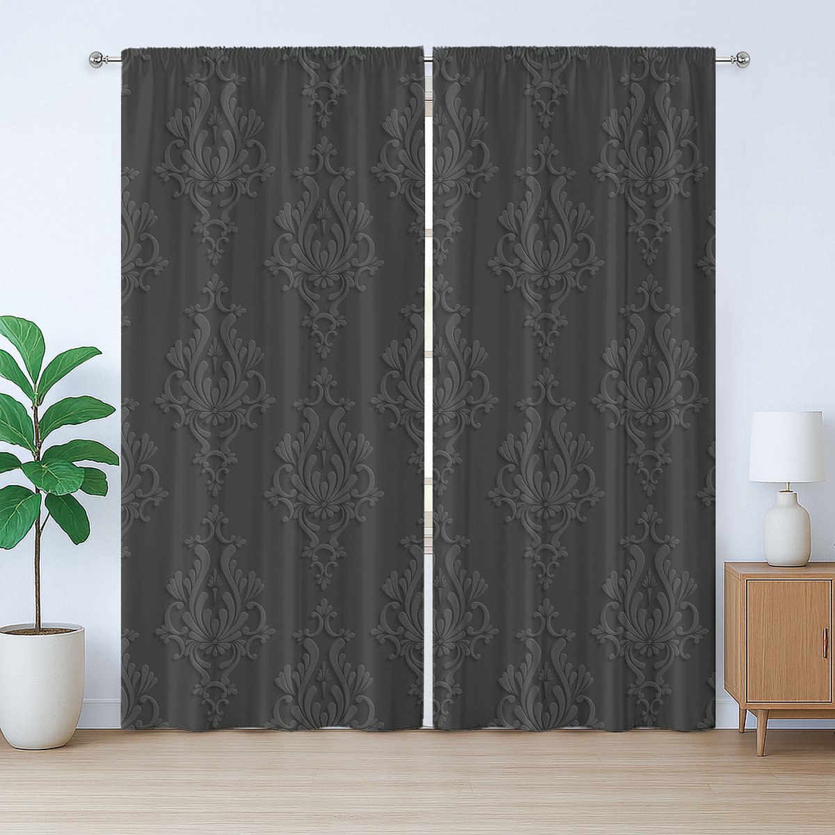 ABAKUHAUS Donkergrijze rustieke gordijnen, antiek damast 3D, universele gordijnen met lussen en haken voor de woonkamer, 280 x 175 cm, antracietgrijs