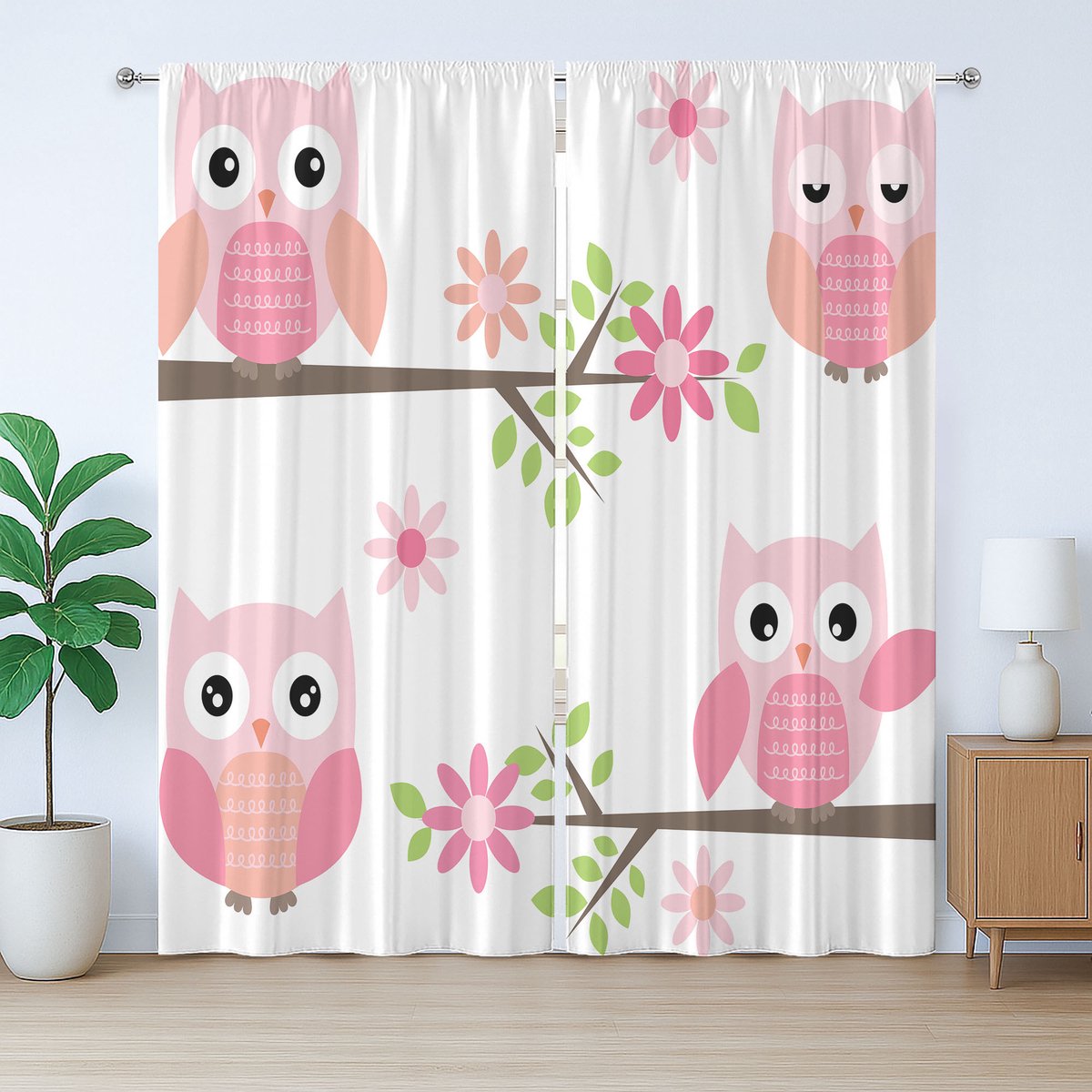 ABAKUHAUS Rustiek Uilengordijn, Lentebloem Babyuiltjes, met Bandjes voor de Woonkamer, Lussen en Haken, 280 x 245 cm, Groen Wit Roze