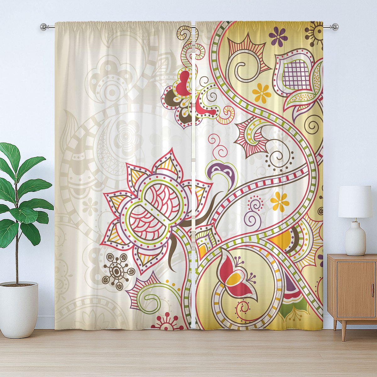 ABAKUHAUS Rustiek gordijn met bloemenmotief, bloemversieringen, geplooid gordijn met lussen en haken voor de slaapkamer, 280 x 245 cm, wit, geel, rood