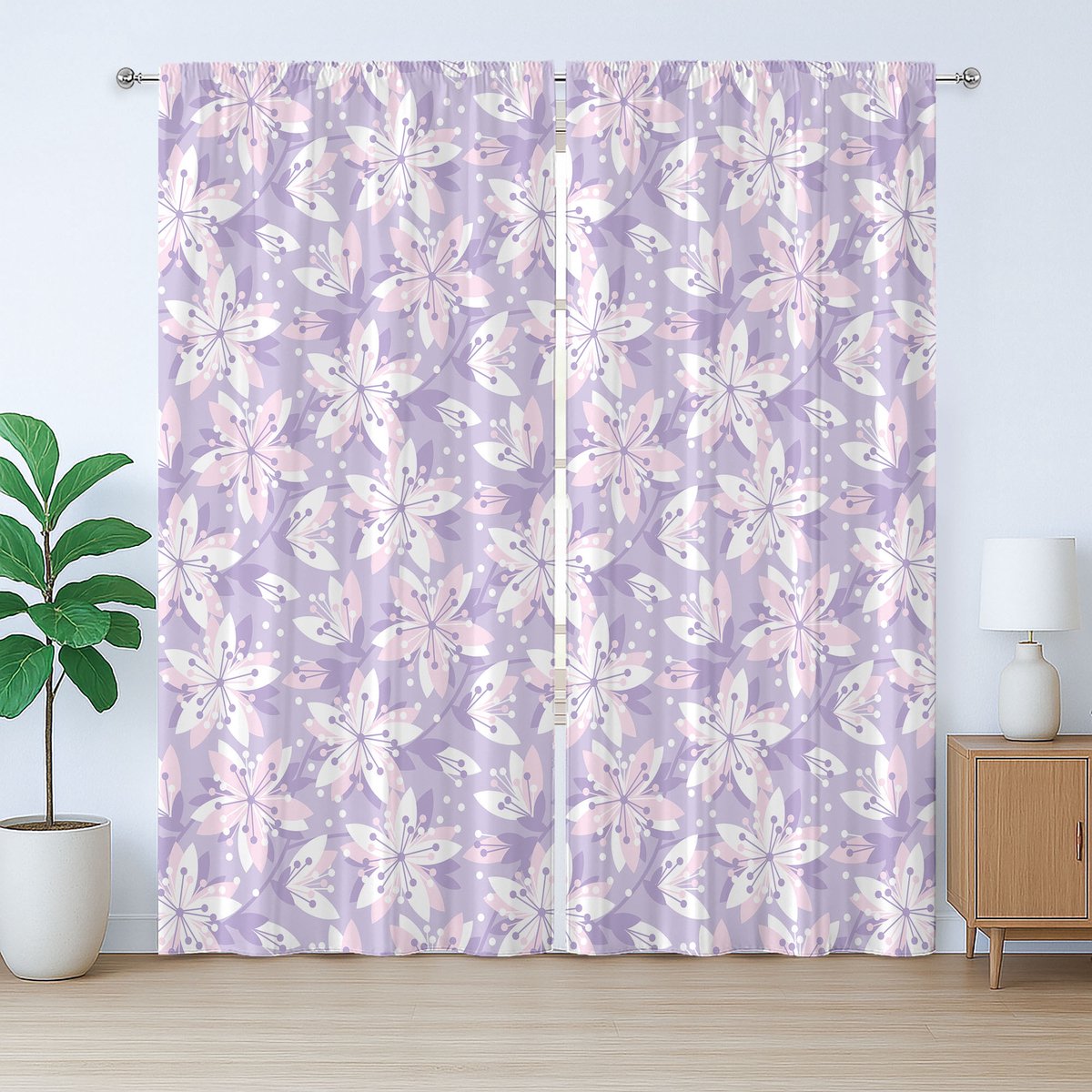 ABAKUHAUS Rustiek bloemengordijn, abstract lentebloemenmotief, slaapkamergordijn met lussen en haken, 280 x 245 cm, pastelpaars lavendel