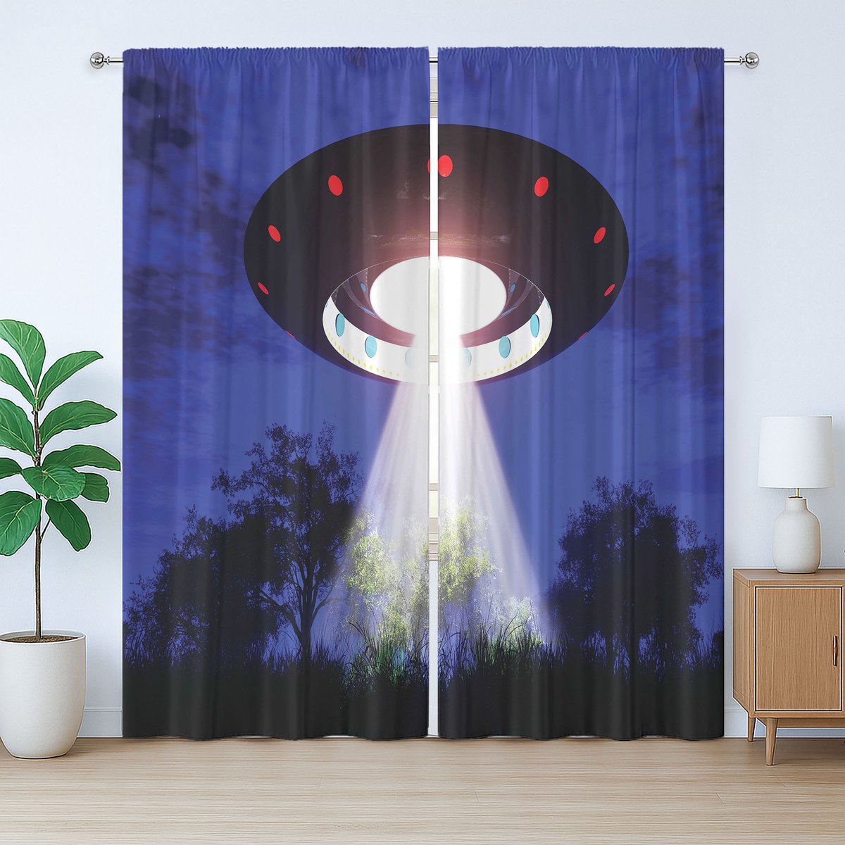 ABAKUHAUS UFO Rustiek Gordijn, Nachtlandschap met Buitenaardse Ruimte, Gordijn met Plooiing, Lussen en Haken, 280 x 175 cm, Donkerblauw Groen Wit