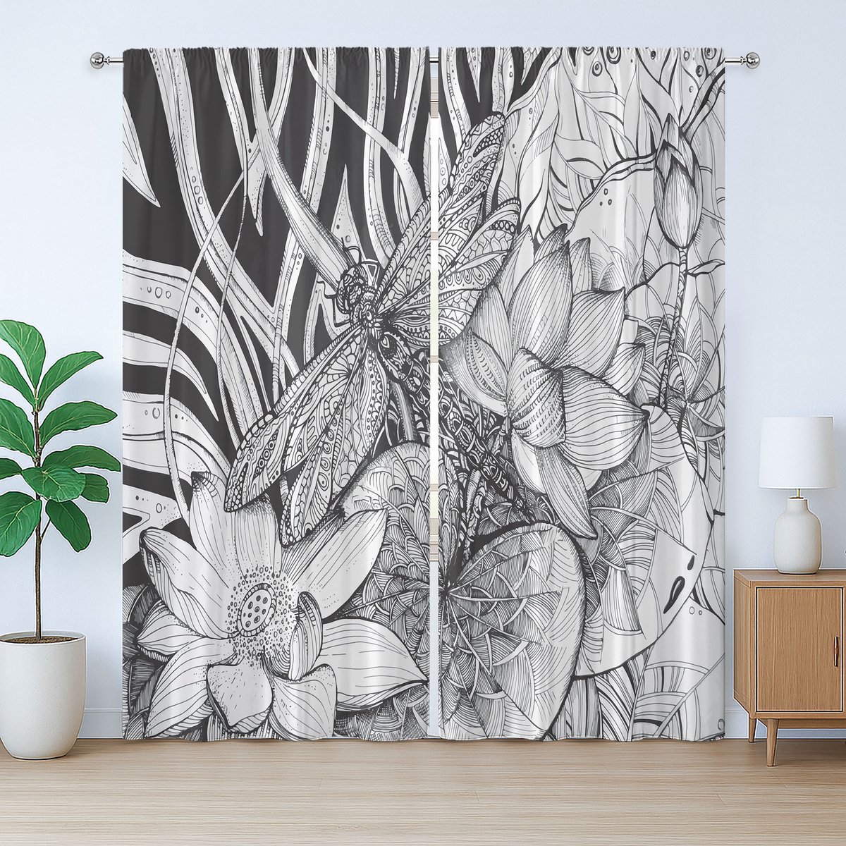 ABAKUHAUS Libelle Rustiek Gordijn, Bloemen Chaotisch Design, met Bandjes en Haakjes voor de Woonkamer, 280 x 175 cm, Houtskoolgrijs Wit