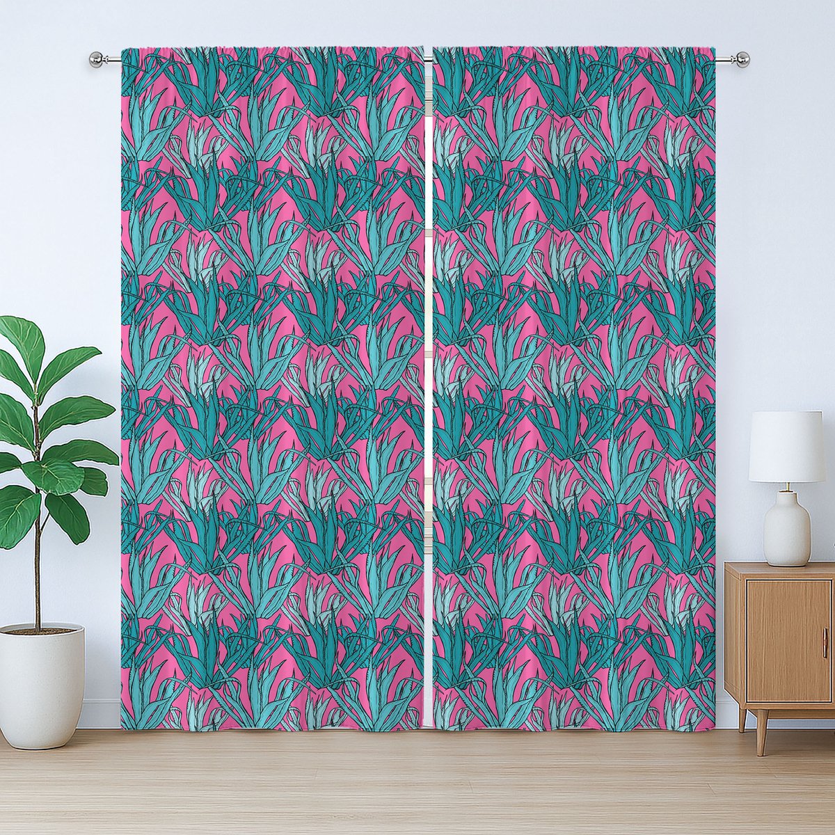 ABAKUHAUS Botanisch Rustiek Gordijn, Agave, Slaapkamergordijn met Plooiing, Lusjes en Haken, 280 x 260 cm, Roze, Teal en Zeegroen