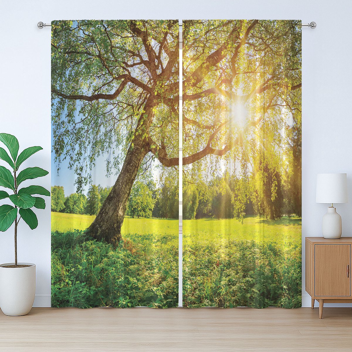 ABAKUHAUS Rustiek boomgordijn, bladeren met ochtendzon, slaapkamergordijn met lussen en haken, 280 x 175 cm, limoengroen/omberbruin