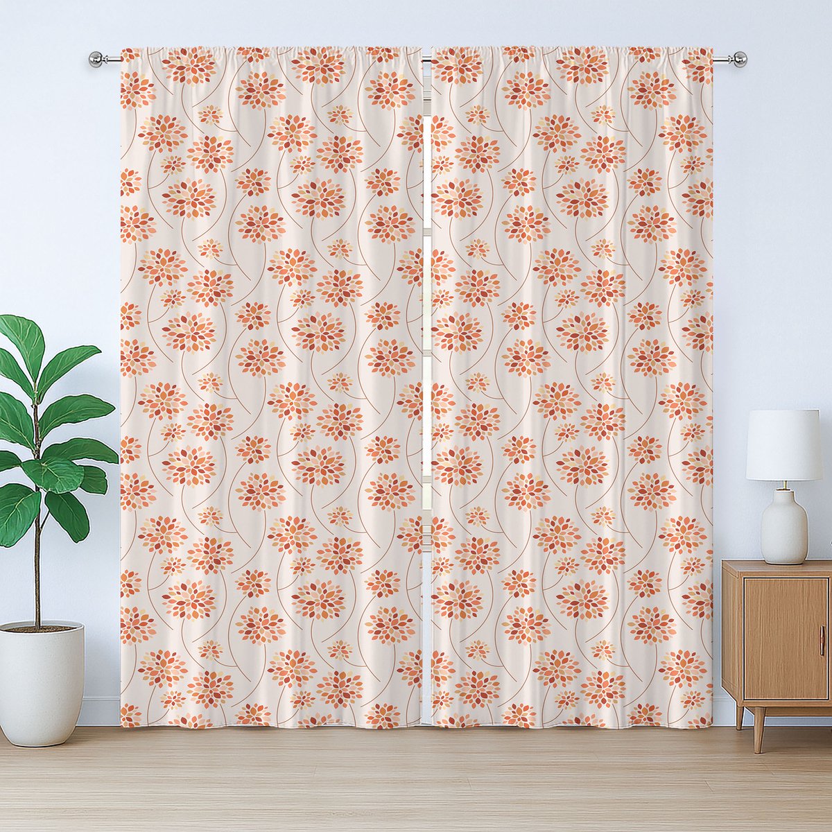 ABAKUHAUS Rustiek herfstgordijn, abstract bloemenpatroon in pasteltinten, met lussen en haken voor de woonkamer, 280 x 260 cm, oranje wit