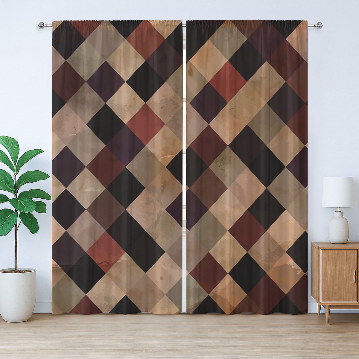 ABAKUHAUS Grunge Rustiek Gordijn, Antiek Bruin Getint Raster, met Bandjes voor de Woonkamer met Lussen en Haken, 280 x 245 cm, Bordeauxbruin