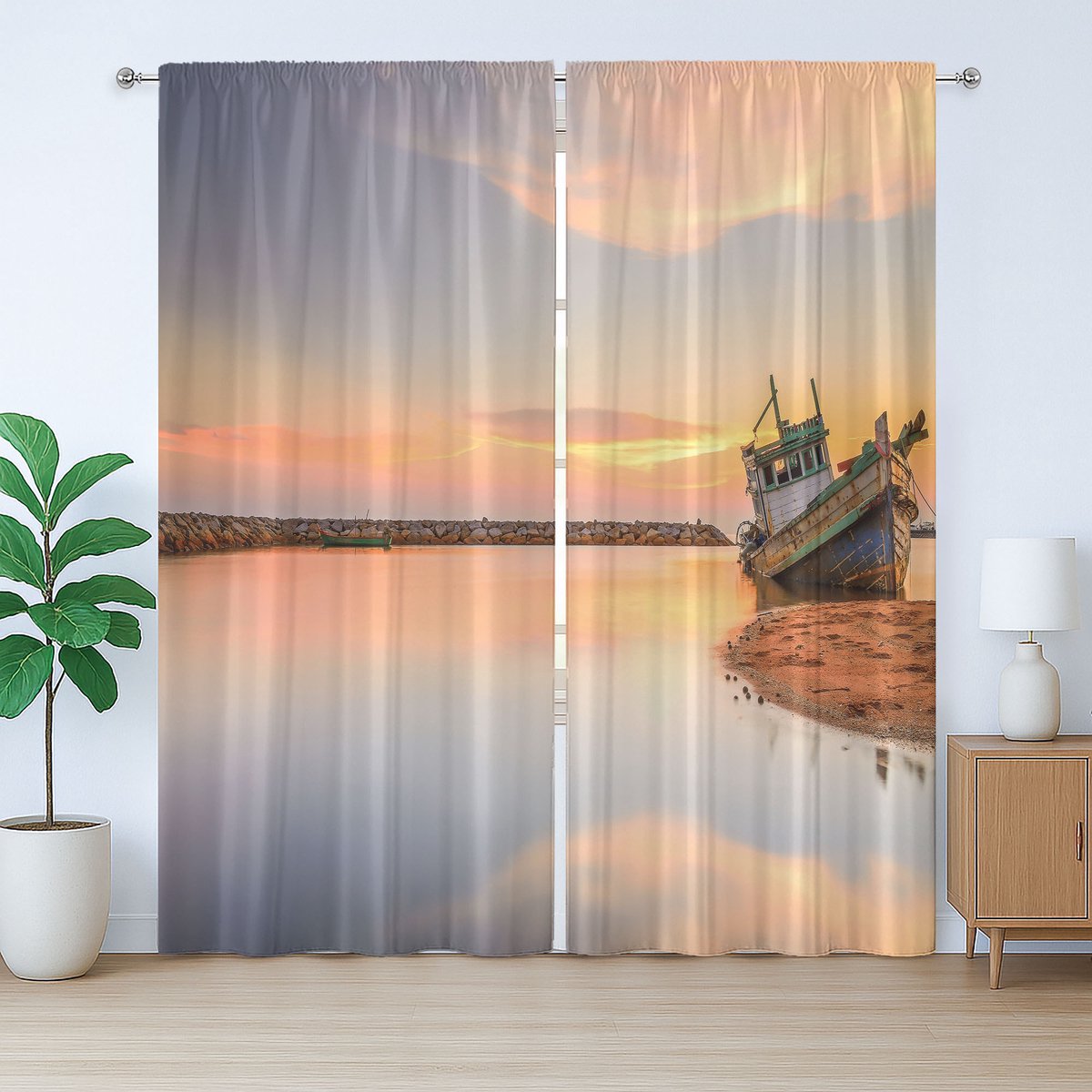 ABAKUHAUS Nautisch rustiek gordijn, Boot op het strand bij zonsondergang, met lussen en haken voor de woonkamer, 280 x 175 cm, Blauw
