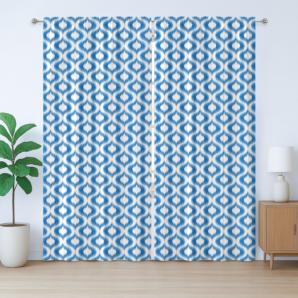 ABAKUHAUS Ikat rustiek gordijn, abstract vintage ogee, slaapkamergordijn met lussen en haken, 280 x 225 cm, blauw wit
