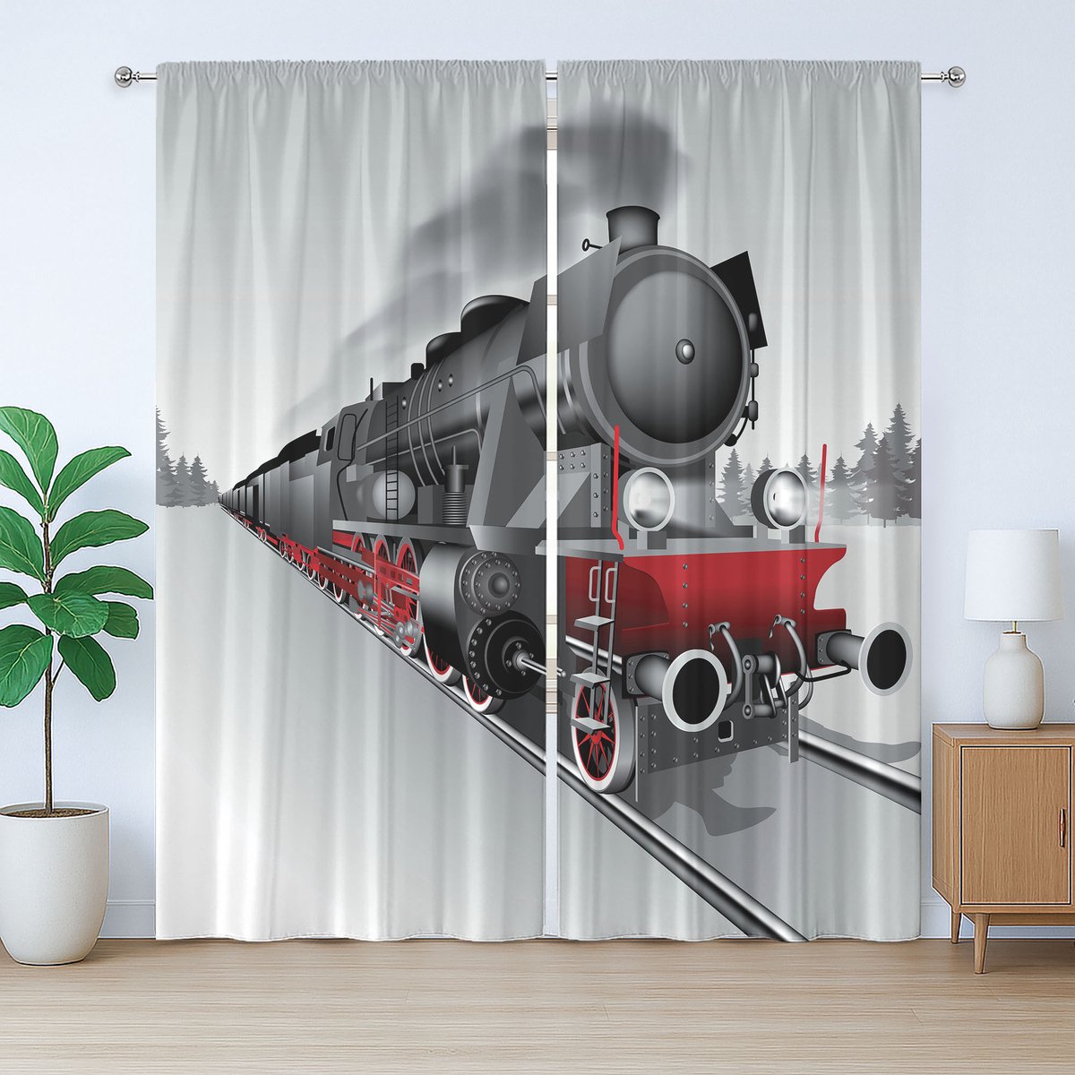 ABAKUHAUS Stoomlocomotief Rustiek Gordijn, Spoorwegkunst, Slaapkamergordijn met Plooiing, Lusjes en Haken, 280 x 260 cm, Grijs en Rood