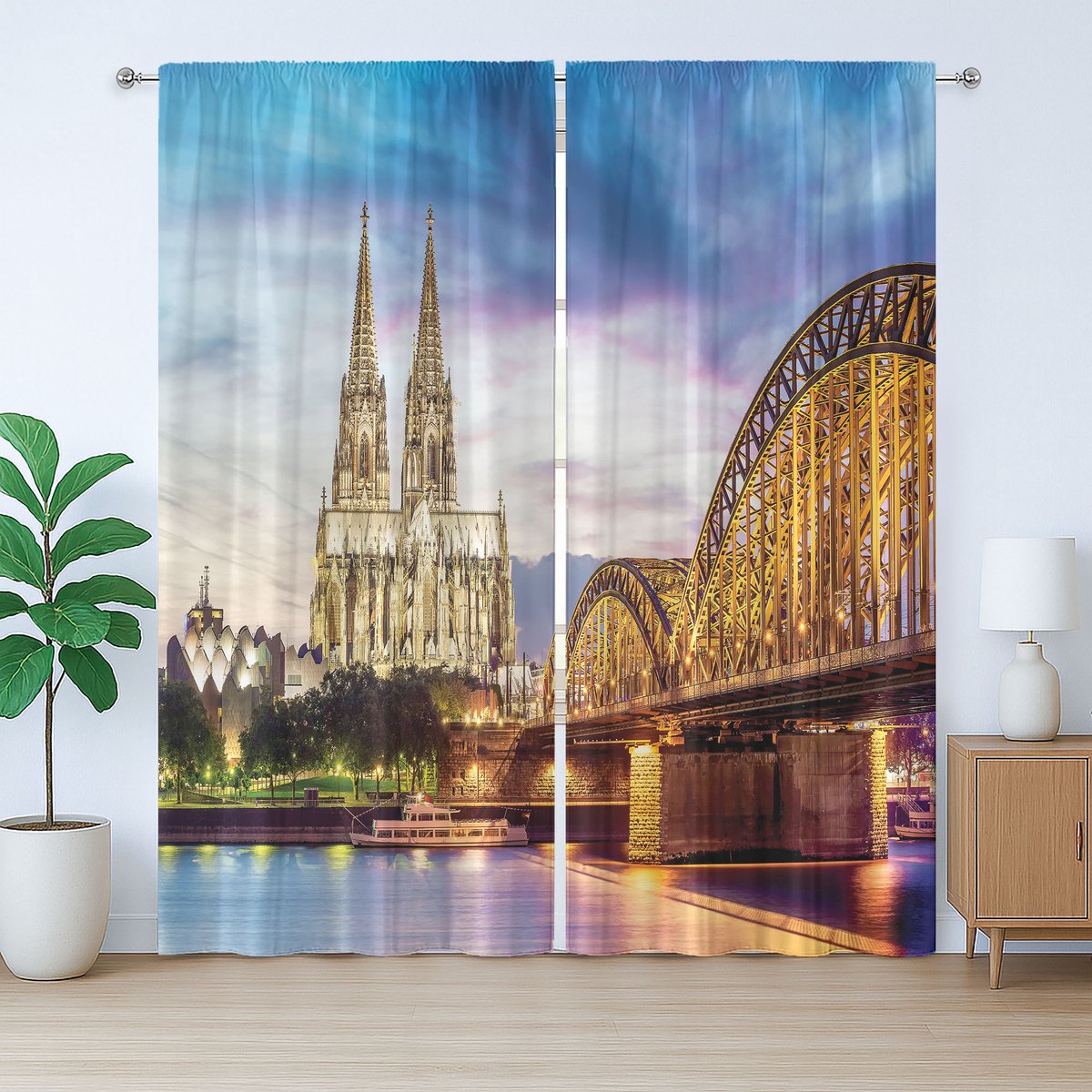 ABAKUHAUS Europees rustiek gordijn, Oude Brug en Rijn, met lussen en haken voor de woonkamer, 280 x 260 cm, bruin en blauw