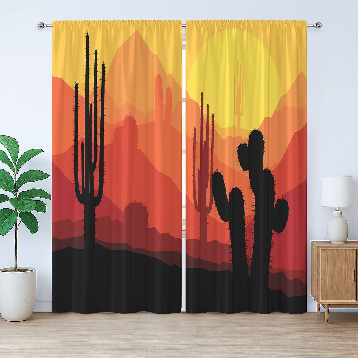 ABAKUHAUS Arizona Rustiek Gordijn, Cactus Silhouetten in de Schemering, met Bandjes voor de Woonkamer met Lussen en Haken, 280 x 245 cm, Multicolor