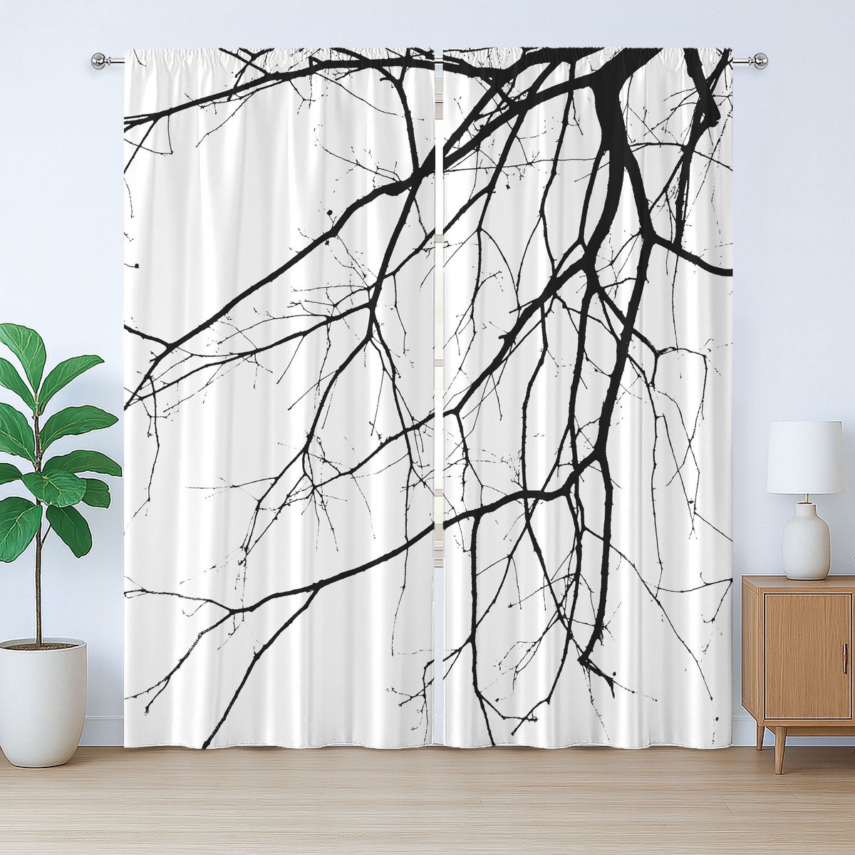 ABAKUHAUS Zwart-wit rustiek gordijn, kale boom, met lussen en haken voor de woonkamer, 280 x 175 cm, zwart-wit