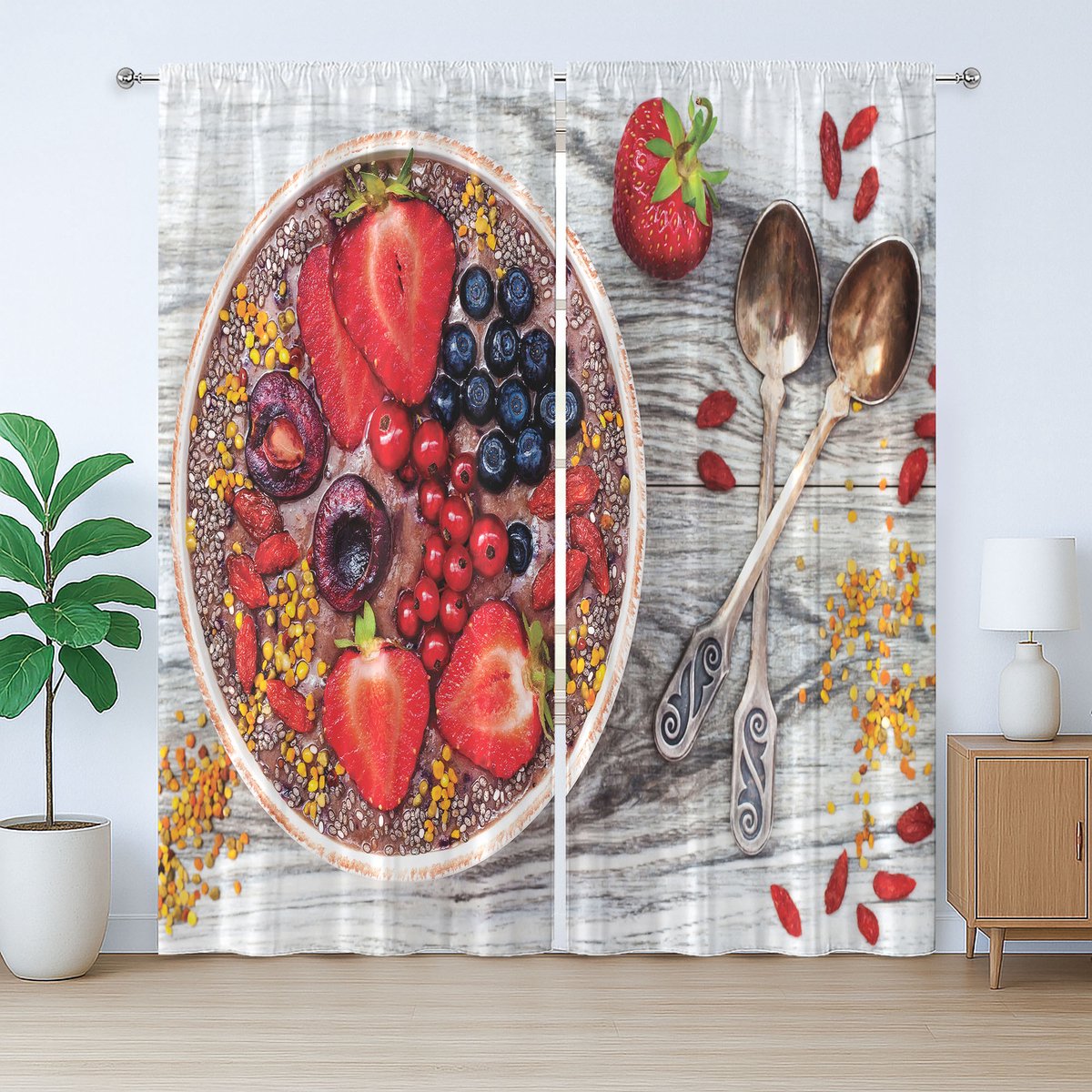 ABAKUHAUS Rustiek gordijn met pindakaasprint, ontbijtkom, met lussen en haken voor de woonkamer, 280 x 225 cm, meerkleurig