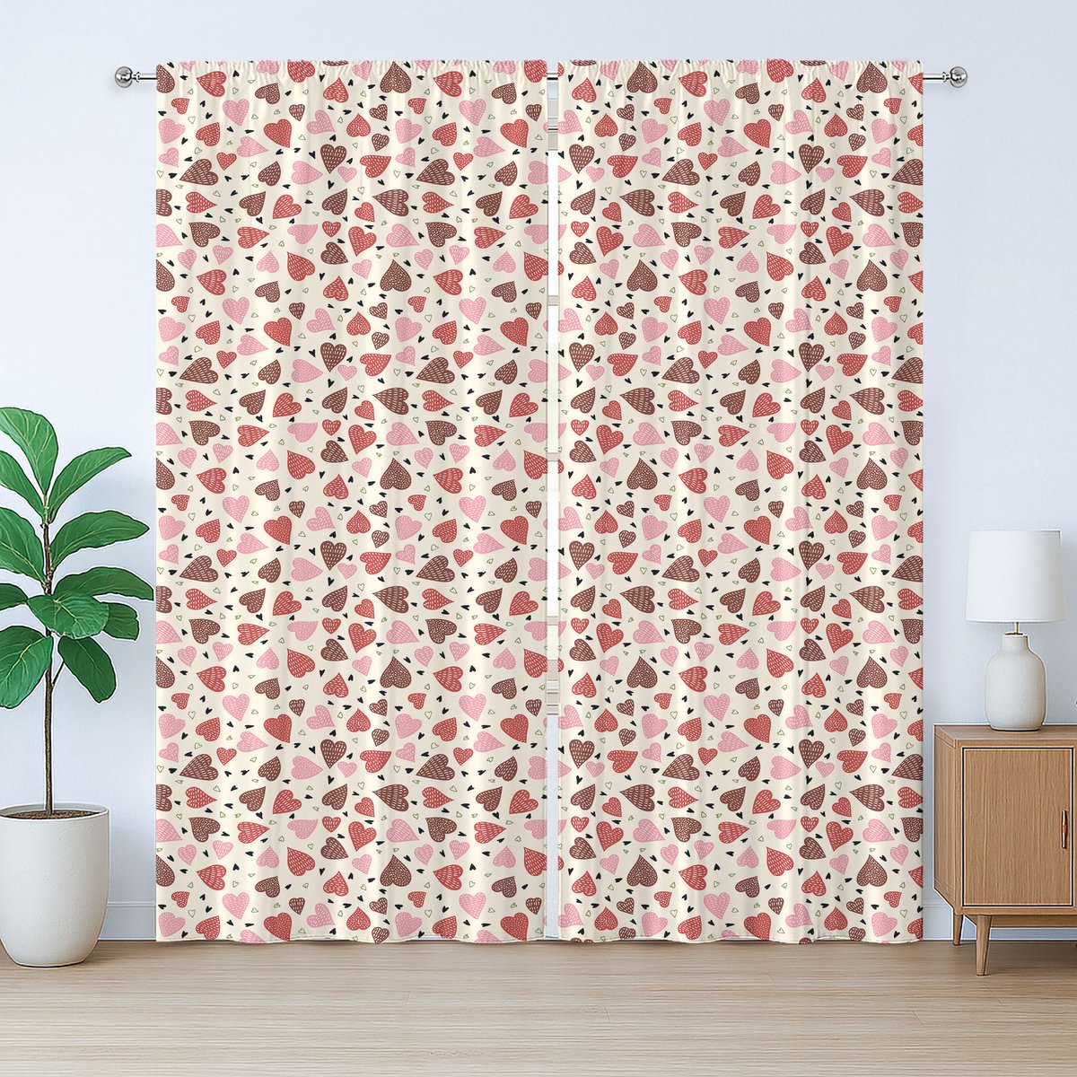 ABAKUHAUS Rustiek Gordijn met Hartjes, Romantisch Pastelpatroon, met Bandjes en Haakjes voor de Woonkamer, 280 x 260 cm, Multicolor