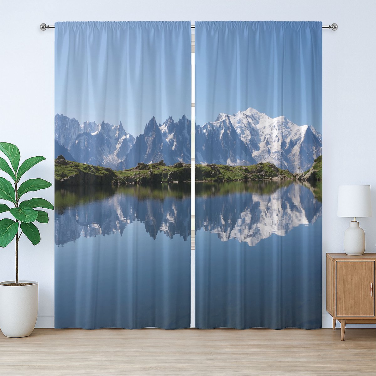 ABAKUHAUS Rustiek Meer Gordijn, Mont Blanc Alpen Frankrijk, met Bandjes, Lussen en Haken voor de Woonkamer, 280 x 175 cm, Lichtblauw Wit Groen