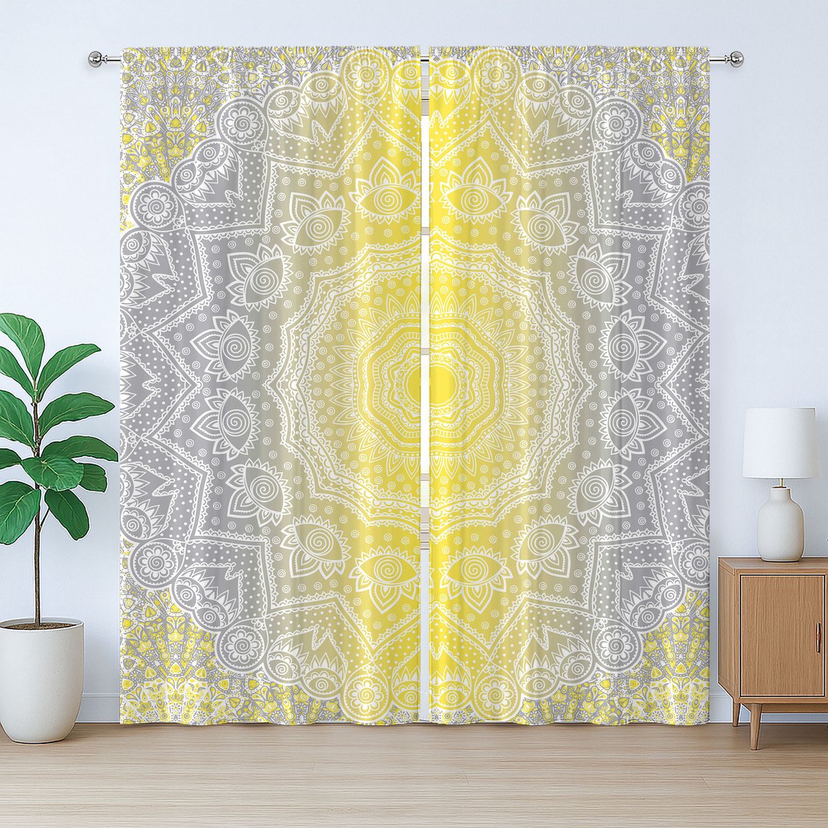 ABAKUHAUS Rustiek grijs en geel gordijn, boho ombre vintage, met lussen en haken voor de woonkamer, 280 x 260 cm, geelgrijs